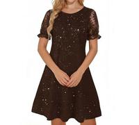 AMhomely Vestido camisero de manga corta con encaje de lentejuelas para mujer, acampanado, elegante, para fiesta, cóctel, noche, para mujer, tallas S-XXL, Café D10, S