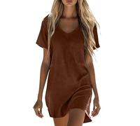 AMhomely Vestido corto de algodón y lino con cuello en V para mujer, manga corta, casual, holgado, vestido de verano para vacaciones de verano, D02 Marrón, XXL