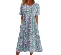 AMhomely Vestido largo de algodón con estampado floral bohemio para mujer, manga corta, cuello redondo, cintura alta, acampanado, para vacaciones de verano, D27 Morado, S