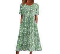 AMhomely Vestido largo de algodón con estampado floral bohemio para mujer, manga corta, cuello redondo, cintura alta, acampanado, para vacaciones de verano, D27 verde, M