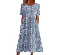 AMhomely Vestido largo de algodón con estampado floral bohemio para mujer, manga corta, cuello redondo, cintura alta, acampanado, para vacaciones de verano, D27 azul claro, L