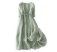 AMhomely Vestido largo de algodón y lino con cuello en V y manga corta para mujer, vestido con vuelo en capas para el verano, D36 verde, M