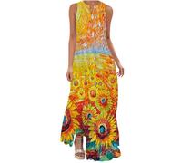 AMhomely Vestido largo de verano para mujer, sin mangas, estampado floral, cuello en V, elegante, para boda, fiesta, cóctel, baile de graduación, D35 amarillo, L