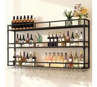 amhricho Botellero Industrial Montado En La Pared, 3 Niveles Estante Multifuncional para Exhibición De Vinos, Estante para Botellas De Vino Montado En La Pared (Black, 100 * 25 * 90CM)