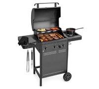 Amig - Barbacoa de Gas IGNIS 3+1 (3 Quemadores + 1 Lateral) - 117 x 55 x 110 cm - Superficie de Cocción 54 x 38 cm - Con Termómetro, Bandejas Laterales, Ruedas y Parrilla de Hierro Fundido - Negro