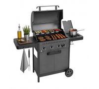 Amig - Barbacoa de Gas IGNIS 4+1 (4 Quemadores + 1 Lateral) - 123 x 55 x 110 cm - Superficie de Cocción 60 x 38 cm - Con Termómetro, Bandejas Laterales, Ruedas y Parrilla de Hierro Fundido - Negro