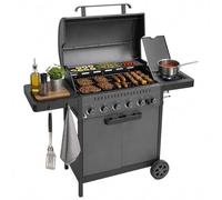 Amig - Barbacoa de Gas IGNIS 6+1 (6 Quemadores + 1 Lateral) - 135 x 55 x 110 cm - Superficie de Cocción 72 x 38 cm - Con Termómetro, Bandejas Laterales, Ruedas y Parrilla de Hierro Fundido - Negro