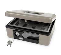 Amig - Caja de caudales | Caja de seguridad para dinero, billetes y monedas | Con bandeja portamonedas | Apertura con Manilla Automática y Llave | Color Gris | Acero | 165 x 125 x 80 mm