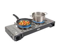 Amig - Camping Gas portátil 2 fuegos CAMP02 - Cocina doble - 2x Quemadores - Incluye Plancha - Parrilla De Fundición - Acero Inoxidable - 2,2 Kw Potencia x 2 - Compatible Cartuchos B-250