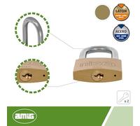 Amig - Candado de Seguridad Mod. Niza AL - Candado de Arco Largo - Latón y Arco de Acero - 30 mm - Incluye 2 llaves - Para Taquillas de Gimnasio, Puertas, Armarios, etc. - Dorado - Mate
