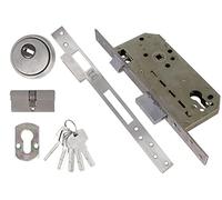 Amig - Cerradura de Embutir Mod.200 con Cilindro de Seguridad y Escudo + 5 Llaves | Para Puertas de Madera de Entrada | Con Picaporte Reversible | Para Manillas de 8 mm | De Acero Inoxidable