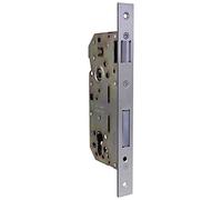 Amig - Cerradura de Embutir para Puertas de Madera | Con Paletón de Cierre | Frente y Soporte en Canto Cuadrado | Entrada de 50 mm | Picaporte reversible | Acero | Plateado Mate | 240 mm