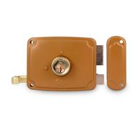 Amig - Cerradura de Sobreponer de Derecha con Palanca de Cierre, Lengüeta y Tirador - Acero Dorado - Medida: 120 x 95 mm - Ideal para Puertas de Madera de Entrada o de Paso