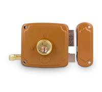 Amig - Cerradura de Sobreponer de Derecha con Palanca de Cierre, Lengüeta y Tirador | Acero Dorado | Medida: 100 x 95 mm | Ideal para Puertas de Madera de Entrada o de Paso