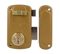 Amig - Cerradura de Sobreponer de Derecha con Palanca de Cierre, Lengüeta y Tirador para Puertas de Madera Mod. 75U | 66 x 120 mm | Cilindro Redondo de Seguridad | Acero Dorado