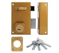 Amig - Cerradura de Sobreponer de Derecha con Palanca de Cierre - Lengüeta y Tirador para Puertas de Madera - Mod. 75, 67 x 112 mm - Cilindro Redondo de Seguridad - Acero - Dorado