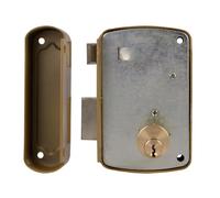 Amig - Cerradura de Sobreponer de Derecha con Palanca de Cierre, Lengüeta y Tirador para Puertas de Madera Mod. 75U - 76 x 120 mm - Cilindro Redondo de Seguridad - Acero Dorado