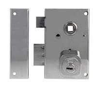 Amig - Cerradura de Sobreponer de Izquierda con Palanca de Cierre, Lengüeta y Cuadradillo para Puertas de Madera Mod. 75N | 72 x 112 mm | Cilindro Redondo de Seguridad | Acero Plateado