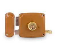 Amig - Cerradura de Sobreponer de Izquierda con Palanca de Cierre, Lengüeta y Tirador - Acero Dorado - Medida: 100 x 95 mm - Ideal para Puertas de Madera de Entrada o de Paso