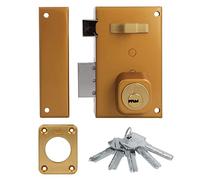 Amig - Cerradura de Sobreponer de Izquierda con Palanca de Cierre, Lengüeta y Tirador para Puertas de Madera Mod. 75, 67 x 112 mm, Cilindro Redondo de Seguridad, Acero Dorado