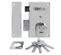 Amig - Cerradura de Sobreponer de Izquierda con Palanca de Cierre - Lengüeta y Tirador - Para Puertas de Madera - Mod. 75, 67 x 112 mm - Cilindro Redondo de Seguridad - Acero - Plateado