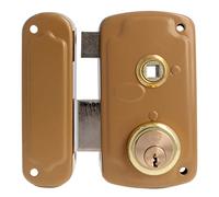 Amig - Cerradura de Sobreponer de Izquierda con Palanca de Cierre, Lengüeta y Tirador para Puertas de Madera Mod. 75UN 66 x 120 mm Cilindro Redondo de Seguridad Acero Dorado