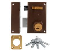 Amig - Cerradura de Sobreponer de Izquierda con Palanca de Cierre - Lengüeta y Tirador para Puertas de Madera - Mod. 75 67 x 112 mm - Cilindro Redondo de Seguridad - Acero - Marrón