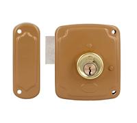 Amig - Cerradura de Sobreponer de Izquierda con Palanca de Cierre y Lengüeta para Puertas de Madera Mod. 72PU 120 x 95 mm Pestillo con Cilindro Redondo Acero Dorado