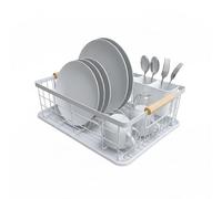 Amig - Escurreplatos Graz - 42 x 31,5 x 15 cm - Acero con Mango de Madera - Color Blanco - Escurreplatos con Bandeja de Goteo y Soporte para Cubiertos - Capacidad 10 Platos y 6 Vasos - Diseño Moderno