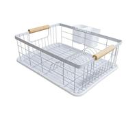 Amig - Escurreplatos Graz | 42 x 31,5 x 15 cm | Acero con Mango de Madera | Color Blanco | Escurreplatos con Bandeja de Goteo y Soporte para Cubiertos | Capacidad 10 Platos y 6 Vasos | Diseño Moderno