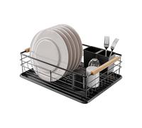 Amig - Escurreplatos Graz - 42 x 31,5 x 15 cm - Acero con Mango de Madera - Color Negro - Escurreplatos con Bandeja de Goteo y Soporte para Cubiertos - Capacidad 10 Platos y 6 Vasos - Diseño Moderno