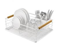 Amig - Escurreplatos Graz II Blanco - 42 x 31,5 x 15 cm - Acero con Mango de Madera - Color Blanco - Escurreplatos con Bandeja de Goteo y Soporte para Cubiertos - Capacidad 10 Platos y 6 Vasos