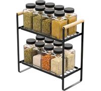 Amig - Estante de Almacenamiento Portátil - Organizador de 2 Niveles para Cocina o Baño - Acero Negro y Bambú - Almacenamiento de Tarros, Botes o Accesorios - Medidas: 26 x 13 x 28,7 cm
