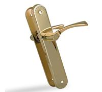 Amig - Juego de 2 Manillas de Placa Ovalada de Acero y Tirador de Zamak con Acabado Latonado Barnizado para Puertas de Paso de Interior - 237 x 40 mm · Manivela 120 mm | Incluye Tornillos