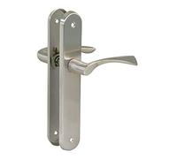 Amig - Juego de 2 Manillas Plateadas de Placa Ovalada de Acero y Tirador de Zamak con Acabado Cromado Mate para Puertas de Paso de Interior - 237 x 40 mm · Manivela 120 mm | Incluye Tornillos