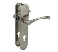 Amig - Juego de manillas con placa de acero para puerta - Mod. ISHI PB85-240 x 45 mm - Cuadrado de 8 mm - Diseño elegante y sencillo - Con punta de aluminio cepillado - Bocallave a 85 mm