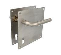 Amig - Juego de Manillas con Placa para puerta - Maneta con Bocallave a 85mm - Mod. 4CB85 - Acero inoxidable 18/8-180 x 180 mm - Cuadradillo de 8 mm - Plateado mate