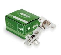 Amig - Pack 20 Bisagras | Cazoleta Acodada | Ø35 mm | Con Pestillo de Apertura Rápida | Tacos y Tirafondos Premontados | Apertura de 110 º | Distancia entre Agujeros 48 mm | Acero Plateado