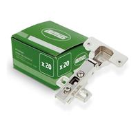 Amig - Pack 20 Bisagras - Cazoleta Recta - Ø35 mm - Con Pestillo de Apertura Rápida - Tacos y Tirafondos Premontados - Apertura de 110 º - Distancia entre Agujeros 52 mm - Acero Plateado