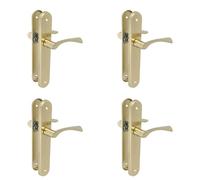 Amig - Pack de 4 Juegos de 2 Manillas de Placa Ovalada de Acero y Tirador de Zamak con Acabado Latonado Barnizado para Puertas de Paso de Interior - 237 x 40 mm · Manivela 120 mm - Incluye Tornillos