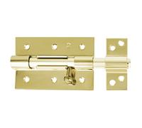 Amig - Pasador de Sobreponer - 120 x 67 mm - Puertas de Paso de Madera - Agujero Portacandados de ø 8 mm - Pestillo para Baño, Dormitorio o Despacho - Cerrojo de Seguridad - Acero Latonado Barnizado