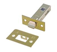 Amig - Picaporte Puerta Interior - Medida 35 mm - Para Puertas de Madera - Frente y Soporte en Canto Cuadrado - Para Manillas con Cuadradillo de 8 mm - Acero Inoxidable Latonado Barnizado