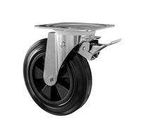 Amig - Rueda con Pletina Metálica y Freno - Núcleo de Polipropileno y Banda de Rodadura de Goma Negra - Diámetro 200 mm x Grosor 50 mm- Capacidad de Carga de hasta 200 kg - Ideal para Contenedores