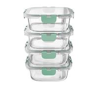 Amig - Set de 4 Recipientes cuadrados Herméticos para Alimentos - Capacidad: 320 ml - 112 x 112 x 50 mm - Contenedor de Cristal para Microondas, Horno, Congelador y Lavavajillas - Color verde