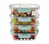 Amig - Set de 4 Recipientes rectangulares Herméticos para Alimentos - Capacidad: 370 ml - 145x104x47mm - Contenedor de Cristal para Microondas, Horno, Congelador y Lavavajillas - Color verde-Adultos