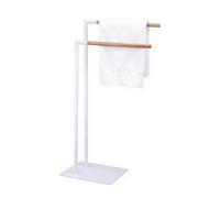 Amig - Toallero de Pie Blanco con Barras de Madera - Soporte Doble para Toallas de Baño - Estilo Minimalista con Base Metálica Estable - Sin Taladro