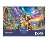 Amigos de Mascotas Papel Grueso Gato y Perro en Pueblo y Cosmos Paquete de Rompecabezas Decorativo Juego Familiar 38x26cm/1000pcs