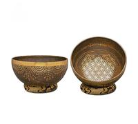 Amilav Collections Cuencos de canto hechos a mano grabados con flores de la vida, cuenco de canto hecho a mano con grabado fino, cuenco de canto tibetano con almohada y piruleta, curación espiritual y