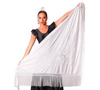 AMINA JAADE Chal flamenco grande. Medida 75X35 pulgadas sin contar los flecos (11.8 pulgadas), bordado en un lado., Cuerpo blanco, bordado blanco, XL