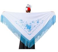 AMINA JAADE Mantón flamenco grande. Medida 195X95cm sin contar los flecos (30cm), bordado a una cara. (Blanco bordado azul)